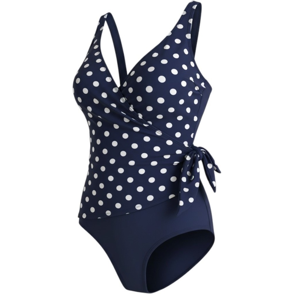 One Piece Swimsuit Women's Navy Blue White Polka Dot Wrap Side Tie V-Neck